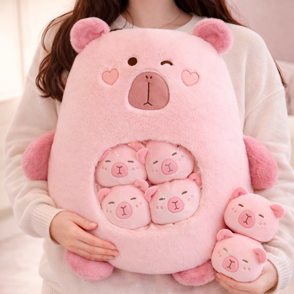 Cutest Pink Capybara Plush with 6 Babies