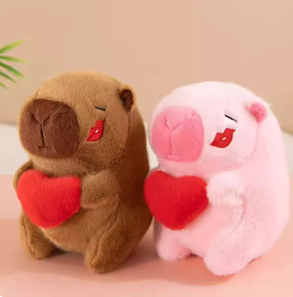 2 Capybara with kiss and heart - Brown and Pink - 8 inch