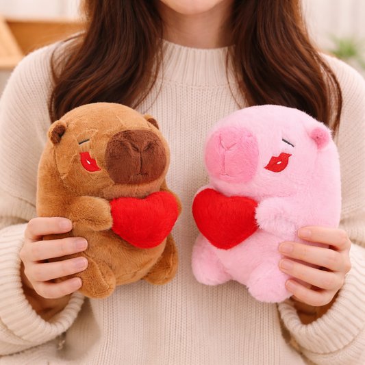2 Capybara with kiss and heart - Brown and Pink - 8 inch