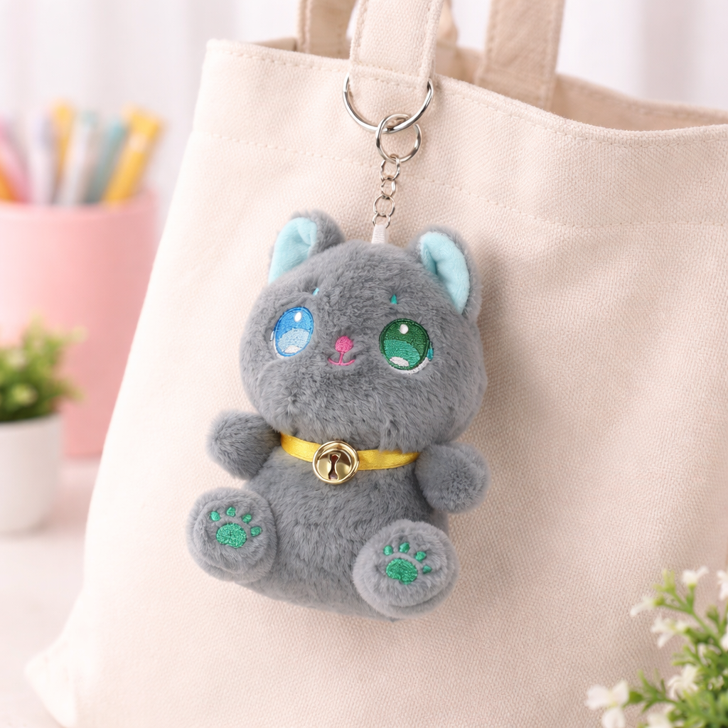 Grey Kitty with Bell Keychain