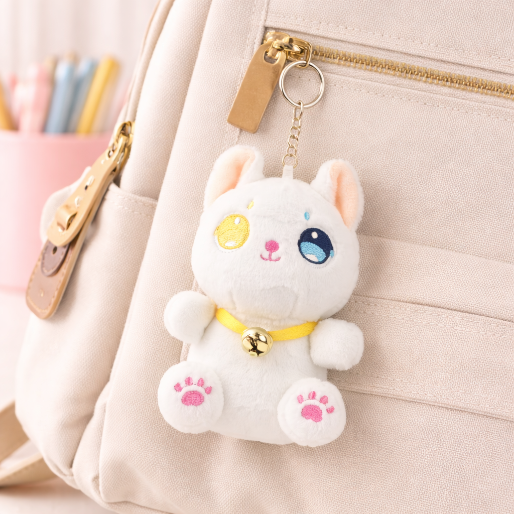 White Kitty with Bell Keychain