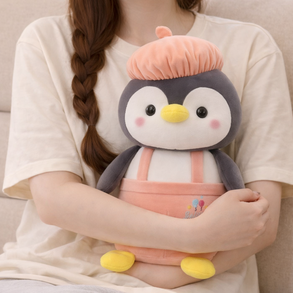 Penguin Plush with Pink Cap