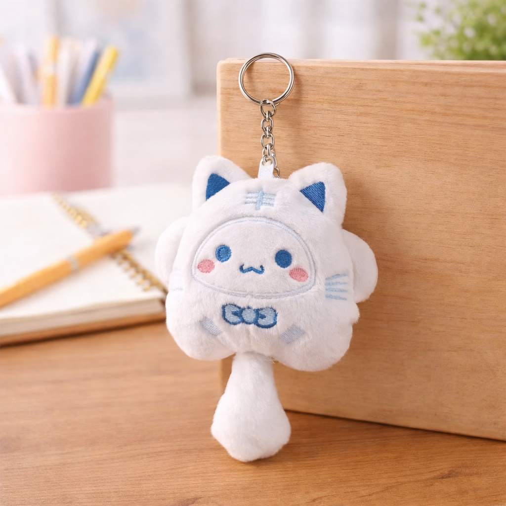 Long Tail Kitty Plush Keychain - White